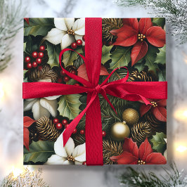 Green Holly Verlasst Red Poinsettia Blume Weihnach Geschenkpapier