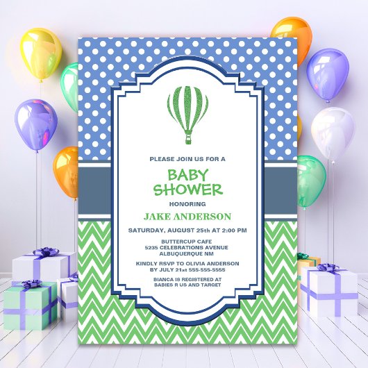 Green Hot Air Ballon Babydusche Einladung