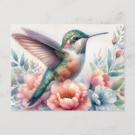 Green Hummingbird Floral Watercolor Postcard Postkarte