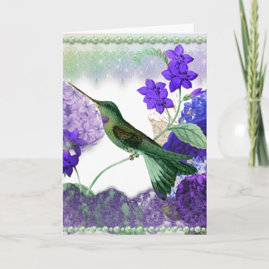 Green Hummingbird mit Blume, Spitzen, Perlkarte Karte (Vorderseite)
