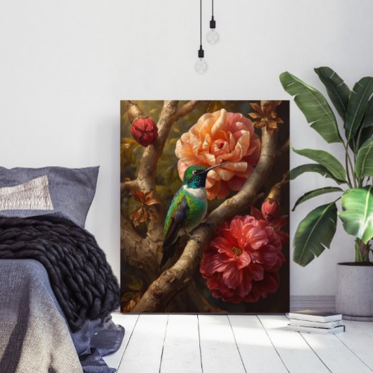 Green Hummingbird Oil Painting Floral Nature Poster