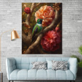 Green Hummingbird Oil Painting Floral Nature Poster