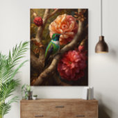 Green Hummingbird Oil Painting Floral Nature Poster