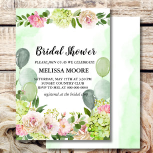Green Hydrangea Pink Floral Balloons Brautparty Einladung