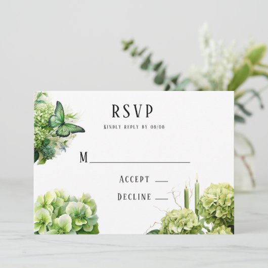 Green Hydrangea Probe Dinner Wedding RSVP Card Einladung (Stehend Vorderseite)
