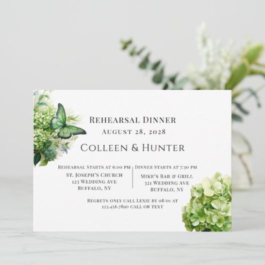 Green Hydrangea Probe Floral Butterfly Abendessen Einladung (Stehend Vorderseite)
