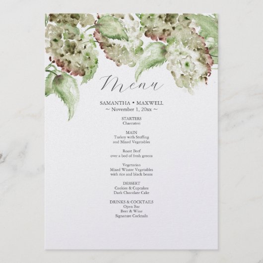 Green Hydrangea Wedding Decor Menus Menükarte (Vorderseite)