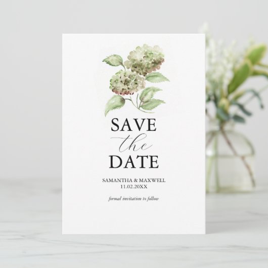 Green Hydrangea Wedding Save The Dates Date (Stehend Vorderseite)