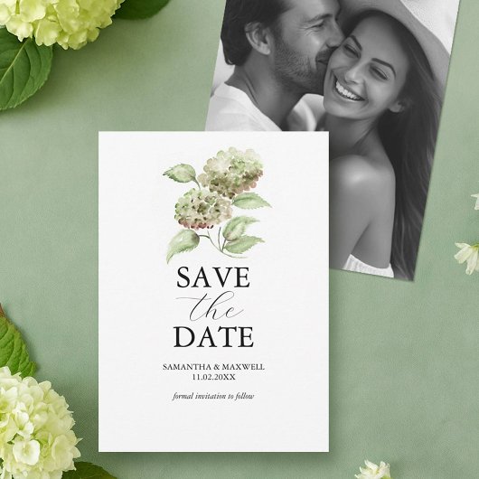 Green Hydrangea Wedding Save The Dates with Photo Date