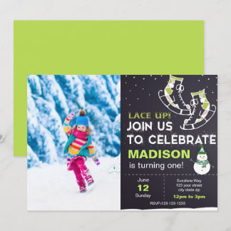 Green Ice Skate Geburtstag Einladung mit Foto