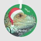 Green Iguana in Weihnachtsmannmütze Ornament (Rückseite)