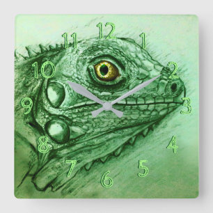 Green Iguana Square Clock, realistisch Zeichnend Quadratische Wanduhr