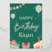 Green Illustrative Happy Birthday Card mit Foto Folieneinladung (Rückseite)