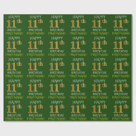 Green, Imitate Gold "HAPPY 11. GEBURTSTAG" Geschenkpapier