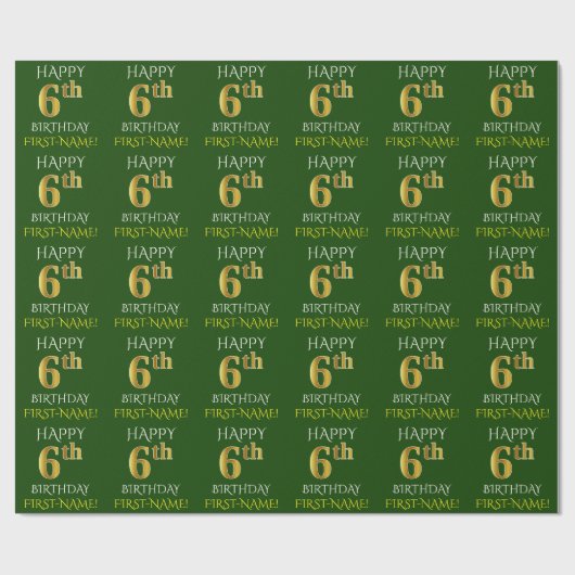 Green, Imitate Gold "HAPPY 6th GEBTHDAY" Geschenkpapier (Flach)