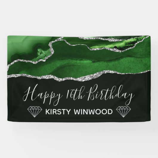 Green & Imitate Silver Glitzer Agate Sweet 16 Banner (Horizontal)