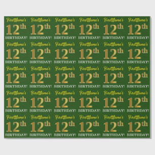 Green, Imitation Gold Look "12. GEBURTSTAG" Geschenkpapier