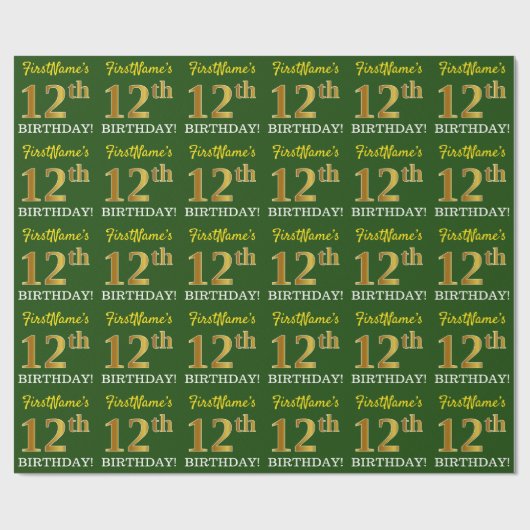 Green, Imitation Gold Look "12. GEBURTSTAG" Geschenkpapier (Flach)