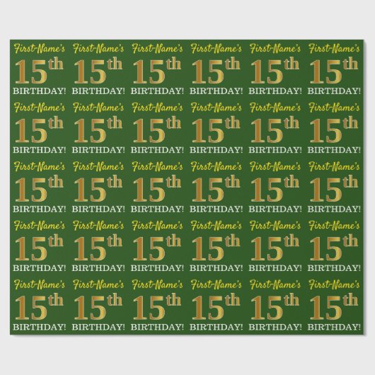 Green, Imitation Gold Look "15. GEBURTSTAG" Geschenkpapier (Flach)
