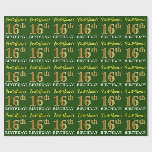 Green, Imitation Gold Look "16. GEBURTSTAG" Geschenkpapier (Flach)