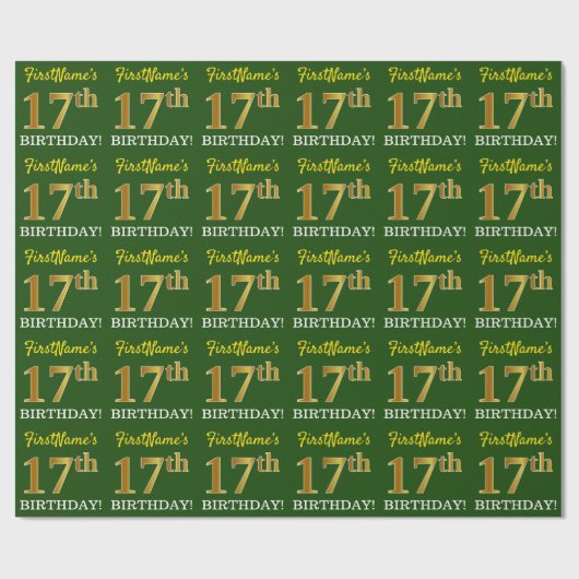 Green, Imitation Gold Look "17. GEBURTSTAG" Geschenkpapier (Flach)