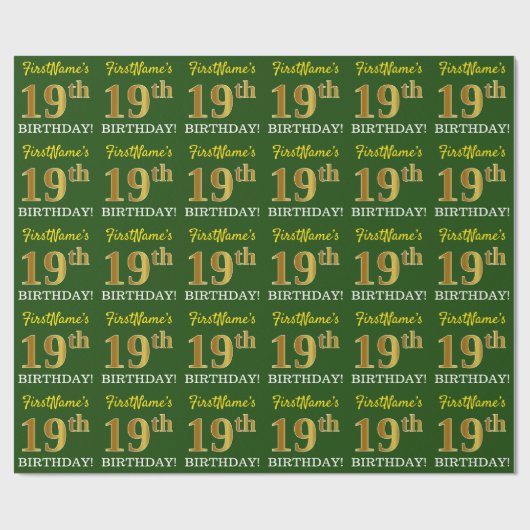 Green, Imitation Gold Look "19. GEBURTSTAG" Geschenkpapier (Flach)