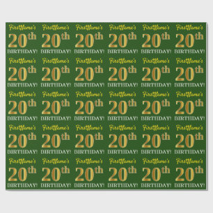 Green, Imitation Gold Look "20. GEBURTSTAG" Geschenkpapier