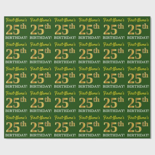 Green, Imitation Gold Look "25. GEBURTSTAG" Geschenkpapier (Flach)
