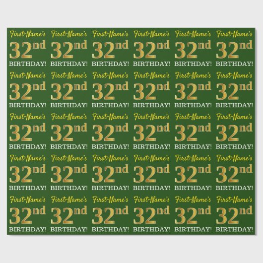 Green, Imitation Gold Look "32. GEBURTSTAG" Geschenkpapier (Flach)