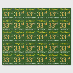 Green, Imitation Gold Look "33. BIRTHDAY" Geschenkpapier