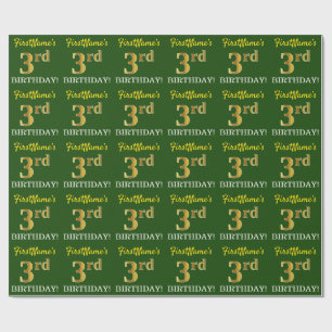 Green, Imitation Gold Look "3. BIRTHDAY" Geschenkpapier