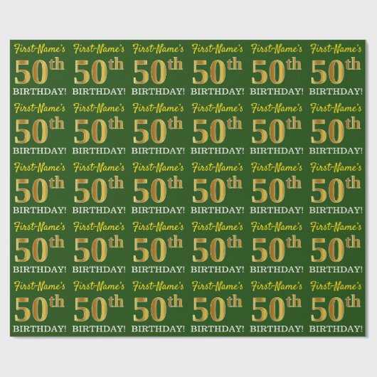 Green, Imitation Gold Look "50. GEBURTSTAG" Geschenkpapier (Flach)