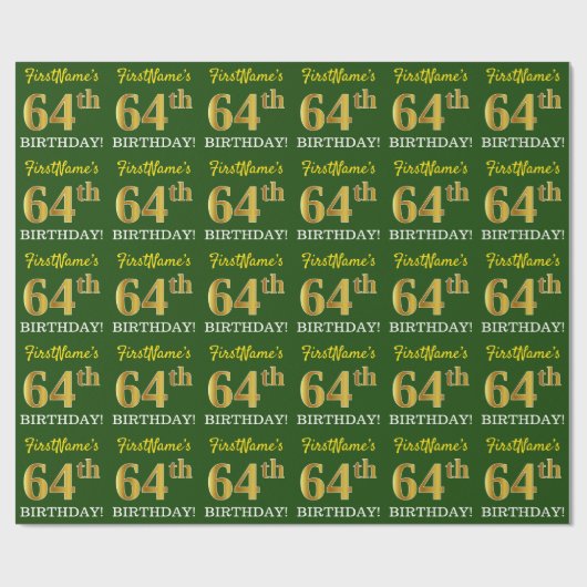 Green, Imitation Gold Look "64. GEBURTSTAG" Geschenkpapier (Flach)