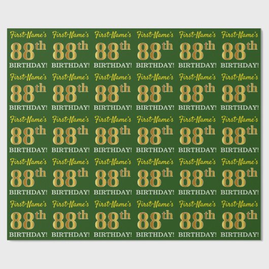 Green, Imitation Gold Look "88. GEBURTSTAG" Geschenkpapier (Flach)