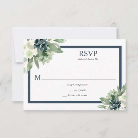 Green & Indigo Blue Watercolor Succulents RSVP Karte (Vorderseite)