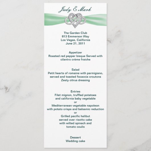 Green Infinity Heart Wedding Menu Card Menükarte (Vorderseite)