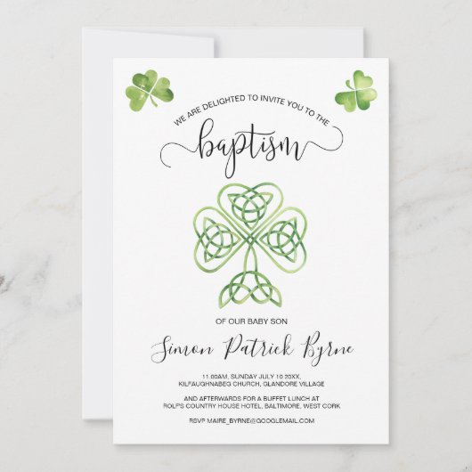 Green Irish Kleeblatt & Celtic Knot Baptisse Einladung (Vorderseite)