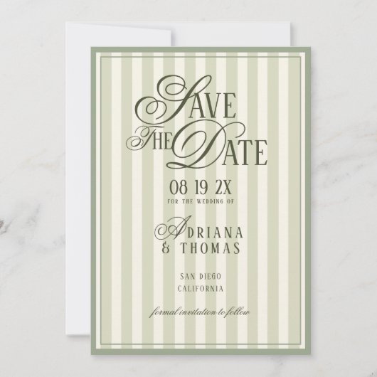 Green Ivory Striped Old Money Calligraphy Wedding Save The Date (Vorderseite)
