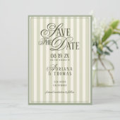 Green Ivory Striped Old Money Calligraphy Wedding Save The Date (Stehend Vorderseite)