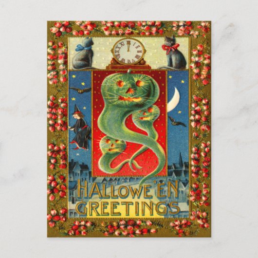 Green Jack O' Lantern Ghost Pumpkin Black Cat Postkarte (Vorderseite)