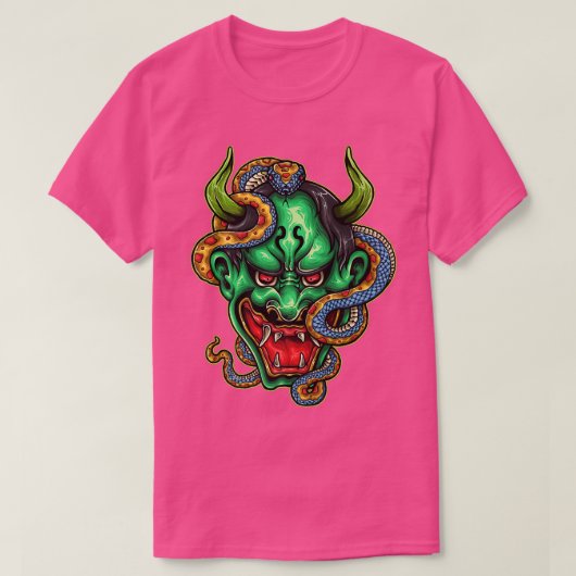 Green Japanese Oni Hannya Mask Demon Devil Snake T-Shirt (Design vorne)