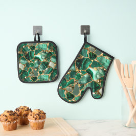 Green Jasper und Gold Ofenhandschuh & Topflappen-Set