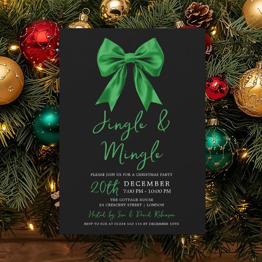 Green Jingle & Mingle Christmas Party Bow Black Einladung