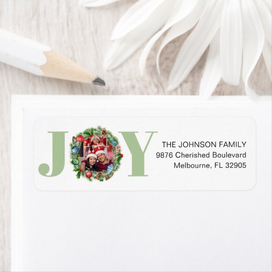 Green JOY Wreath Christmas Foto Address Label (Insitu)