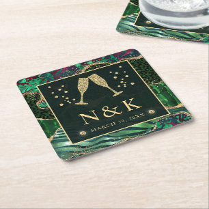 Green Jungle Animal Print Glitzer Agate Wedding Rechteckiger Pappuntersetzer