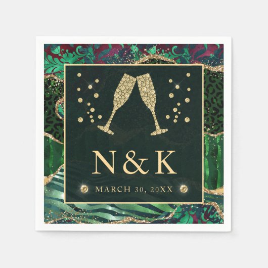 Green Jungle Animal Print Glitzer Agate Wedding Serviette (Vorderseite)