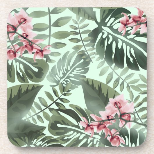Green Jungle Print and Orchids Plastic Coaster Set Getränkeuntersetzer (Vorderseite)