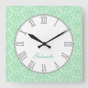 Green kangaroo paw damask name wall clock quadratische wanduhr