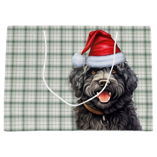 Green Kariert Barbet Dog Holiday Große Geschenktüte (Vorderseite)