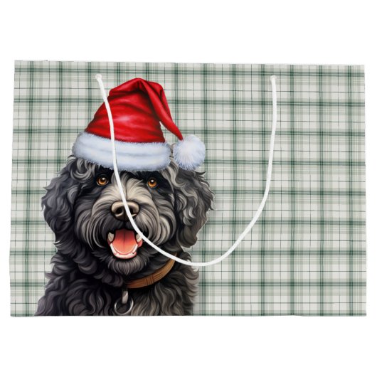 Green Kariert Barbet Dog Holiday Große Geschenktüte (Rückseite)